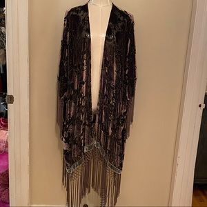 Zara embroidered velvet kimono / jacket with fringe detail